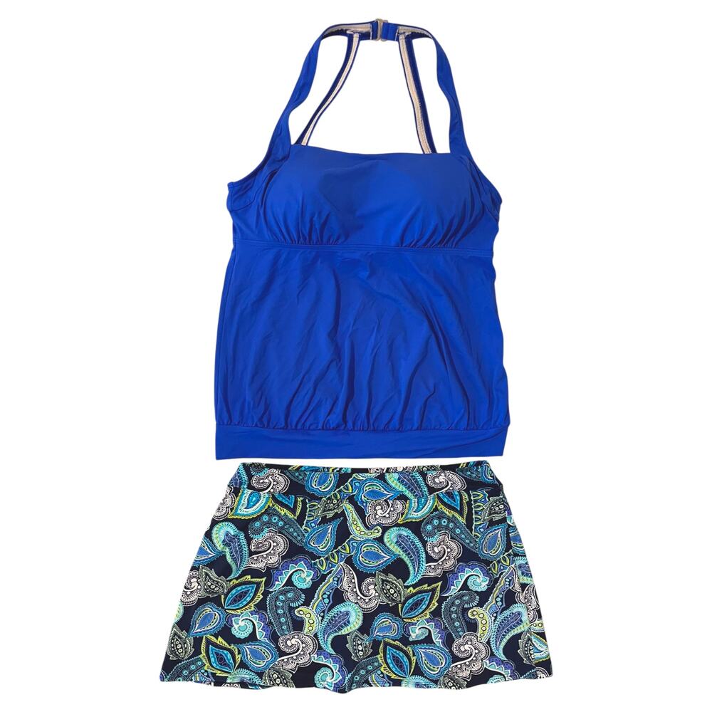 LANDS END Blue Swim Bathing Suit Set Womens Size 12D Padded Paisley Skirt Modest